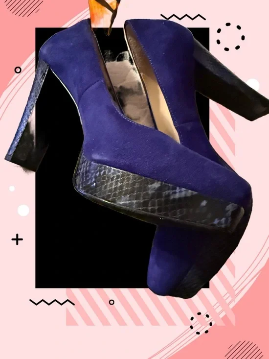 Calvin Klein Blue Suede High Heel Pumps with Textured Platform - Picture 1 of 16